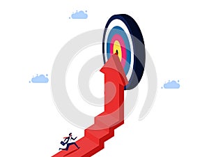 Steps to success. Businessman running up the stairs with an arrow pointing to the target