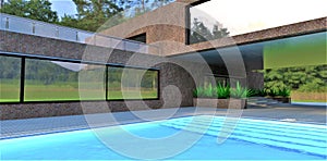 The steps are visible through the transparent water of the pool. The courtyard of a cozy and technologically advanced house in the