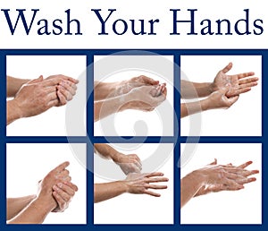 Steps of washing hands effectively. Collage with man on white background