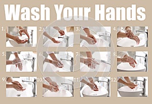 Steps of washing hands effectively. Collage with person over sink in bathroom