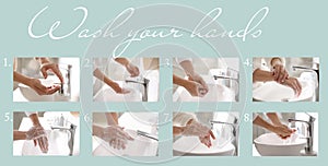 Steps of washing hands effectively. Collage with person over sink in bathroom