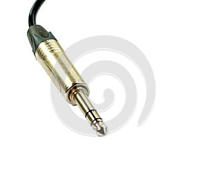 Stereo audio headphone jack with cable on white background.