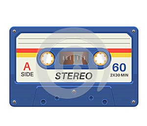 Stereo cassette. Retro audio tape with music record for vintage poster 80s isolated vector object