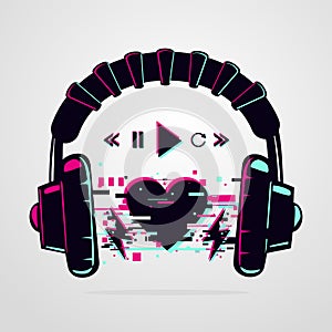 Stereo headphones with glitch effect. Music electronic devise. Vector icon. Night party background.