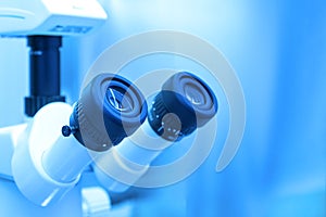 Stereo microscope in the laboratory, close up eyepieces, ocular