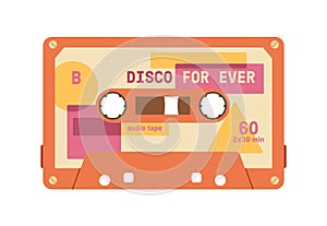 Stereo music cassette with records of 80s disco. Magnetic audio tape. Analogue mixtape. Oldschool compact sound casette