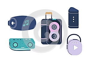 Stereo Speakers and Loudspeakers Vector Set. Electronic Items Provide Immersive Audio Experiences By Delivering Sounds