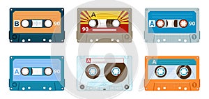 Stereo tape 80s cassettes. Cartoon vintage tape record, 90s music audio cassette, analogue player old tape flat vector