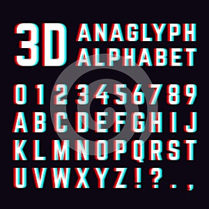 Stereoscopic distortion, 3d anaglyph font alphabet letters
