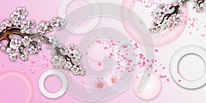 Stereoscopic photo with the image of Sakura. Photo wallpaper for the walls. 3D rendering.