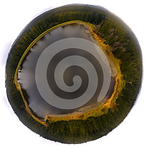 Stereoscopic spherical projection Little Planet of a small pond surrounded by a dense coniferous forest