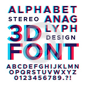 Stereoscopic stereo 3d vector letters and numbers. Colorful glitch alphabet