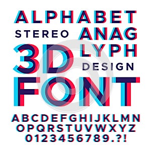 Stereoscopic stereo 3d vector letters and numbers. Colorful glitch alphabet photo