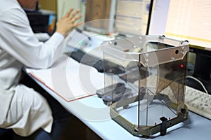 Stereotactic frame on a table at the