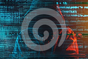 Stereotypical image of computer hacker with hoodie and computer