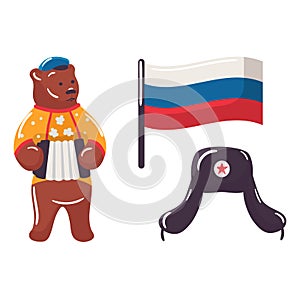 Stereotypical slavic stuff, bear ushanka hat hold and play accordion, russian national flag cartoon vector illustration