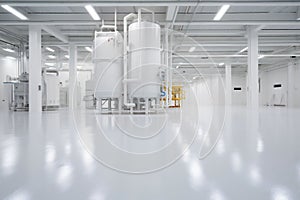 Sterile Factory Interior: Liquid Precision in White Halls, Cisterns, Pipes for Processing, Ideal for Industrial