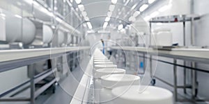 sterile pharmaceutical production line with rows of white containers, health industry. emphasizing the stringent photo