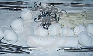 Sterile surgical instruments, placed on the table before surgery