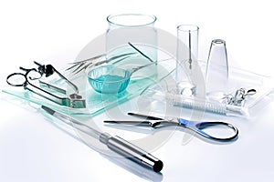 sterile surgical instruments on white background, in medical and healthcare setting