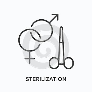 Sterilization flat line icon. Vector outline illustration of forceps. Black thin linear pictogram for pet castration photo