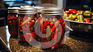 Sterilized chili peppers in a jar. Generative AI