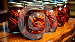 Sterilized chili peppers in a jar. Generative AI