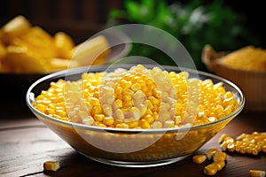 Sterilized corn in a bowl on the table. Generative AI