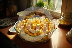 Sterilized corn in a bowl on the table. Generative AI