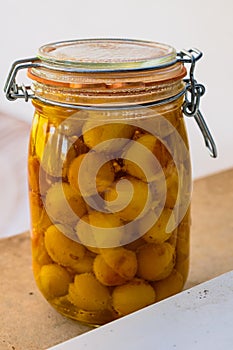 Sterilized mirabelle plums, homemade fruits in syrup for the winter, preserves nutrients