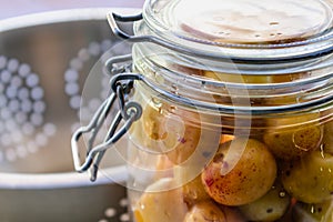 Sterilized mirabelle plums, homemade fruits in syrup for the winter, preserves nutrients