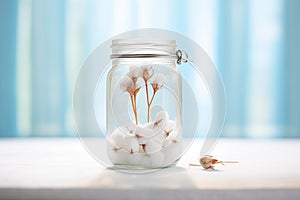 sterilized white cotton balls in a glass jar