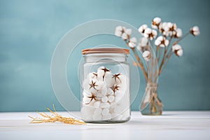 sterilized white cotton balls in a glass jar