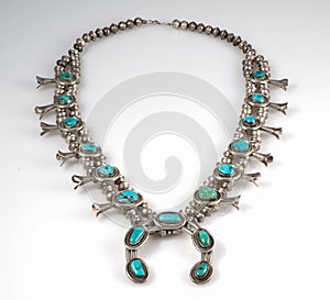 Sterling Silver and Turquoise Squash Blossom Necklace.