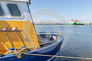 Stern fishing ship in harbor of Lauwersoog, the Netherlands