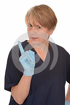 Stern nurse waving finger