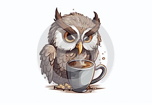 Stern owl with a cup of coffee, cartoon illustration of an owl\'s morning begins with coffee. copy space