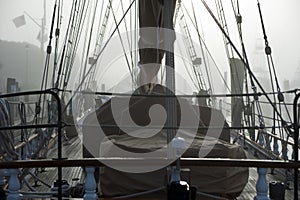 Stern of vintage schooner in the ocean