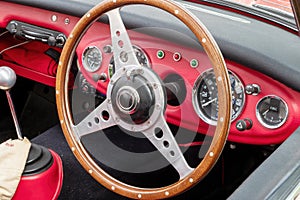 Sterring wheel and dashboard on vintage sports car