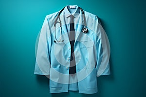 Stethoscope accented physicians suit hung Blue backdrop, copyspace for medical advertisements and promotions