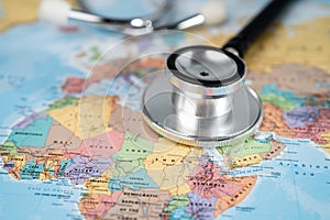 Stethoscope on Africa world globe map background