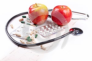 Stethoscope, apples, pills and EKG chart