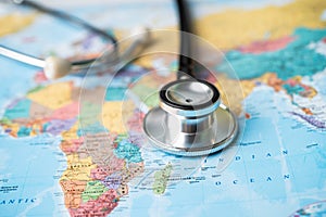 Stethoscope on Asia world globe map background