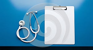 Stethoscope and Blank Clipboard on Blue