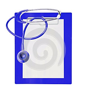 Stethoscope and blue clipboard isolated on white