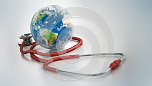 Stethoscope with a blue globe. 3D illustration