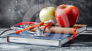 Stethoscope with books and apples for health and knowledge essentials, AI Generated