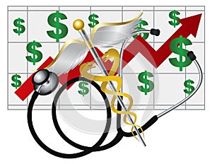 Stethoscope Caduceus with Health Cost Rising Chart