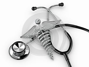 Stethoscope with caduceus symbol. 3d photo