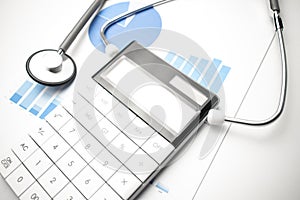 stethoscope, calculator and documents. Medical and insurance concept